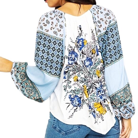 Free People Positano Printed Blouse Ivory Multi XS Boho Patchwork Balloon Sleeve - Picture 3 of 9